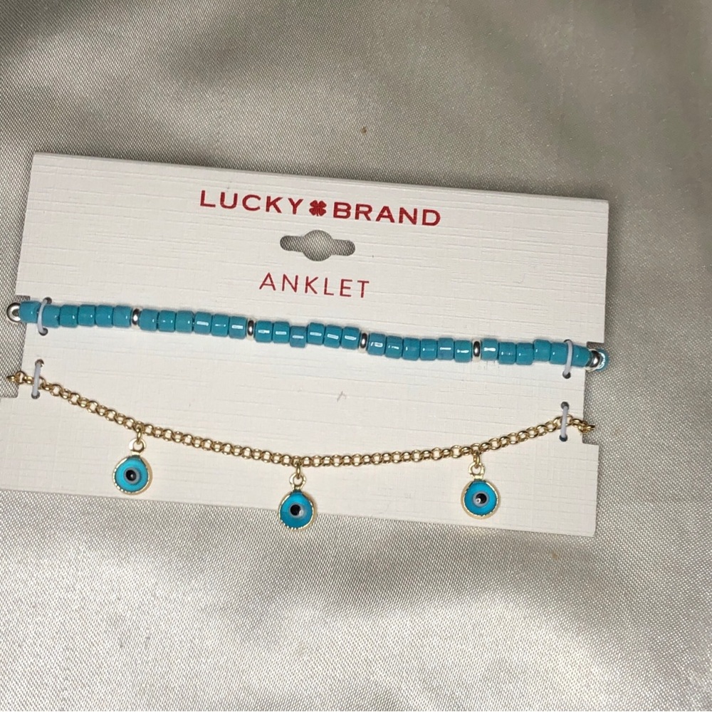 Lucky Brand 2PC Anklet Set Gold Tone Evil Eye & Silver Tone Turquoise Bead NWT